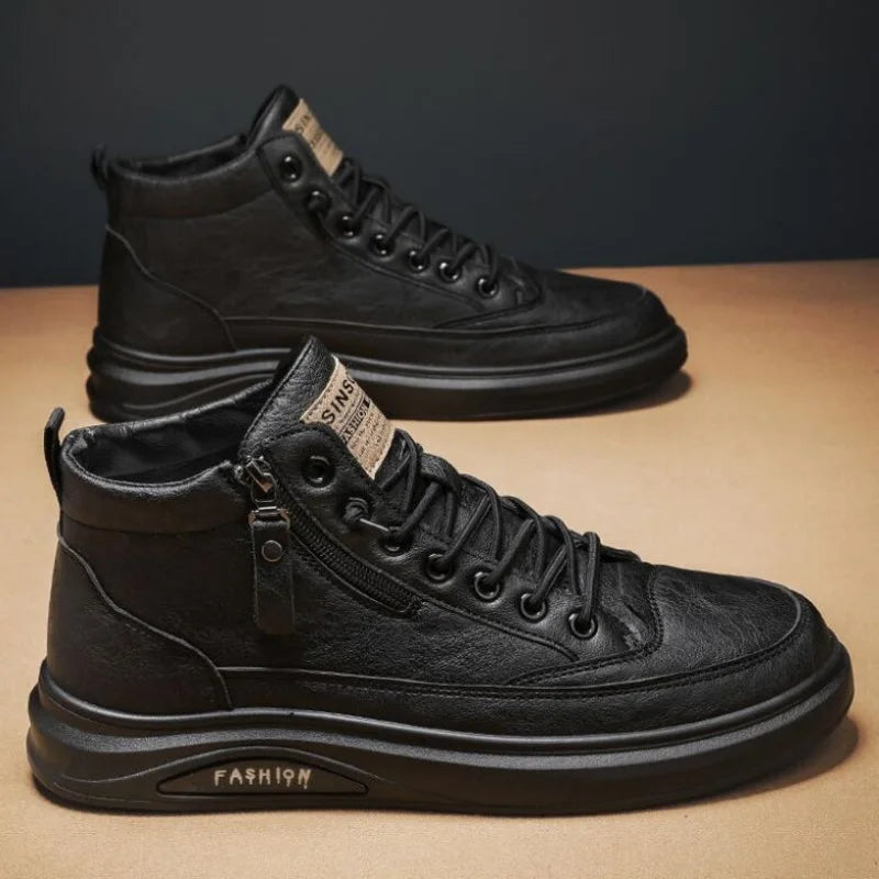 Men Boots Autumn High Top Leather Casual Shoes Fashion Cotton Shoes Flat Ankle Boots Business Outdoor Shoes Man Sneakers New Pi-Mart