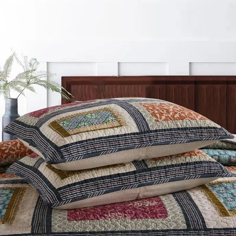 Vintage Patchwork Cotton Quilt Set 3PCS King/Queen - All-Season Thin Comforter Bedspread,Breathable Quilted Coverlet Bedding Pi-Mart