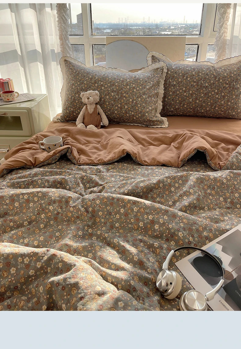 Summer Quilt Korean Style Duvet with Lace Single/Queen Size Comforter Flower Printed Quilted Blanket 여름이불 (No Pillowcase) Pi-Mart