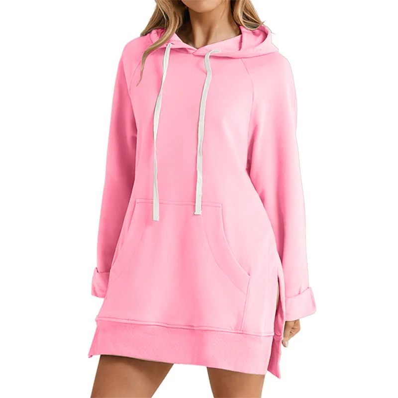Women Hoodie Dress Slit Hem Drawstring Loose with Big Pocket Hooded Pullover Mid Length Top Commuting Dating Sport HoodieCYXX385 LadyShow.Store
