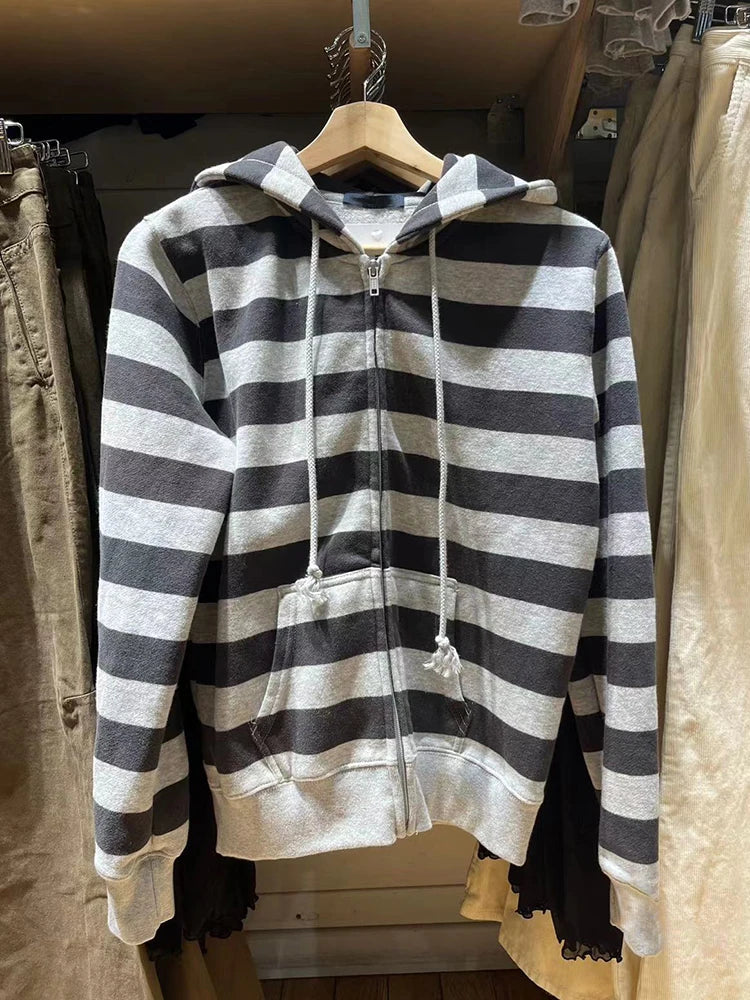 Striped Patchwork Zip-up Hoodie Autumn Cotton Pocket Drawstring Hooded Sweatshirt Women Y2k Streetwear Vintage Loose Tops Jacket LadyShow.Store