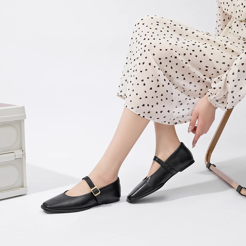AIYUQI Mary Jane Shoes Female Genuine Leather 2026 New Snap Ballet Shoes Women Square Toe Flat Cowhide Ladies Shoes Pi-Mart
