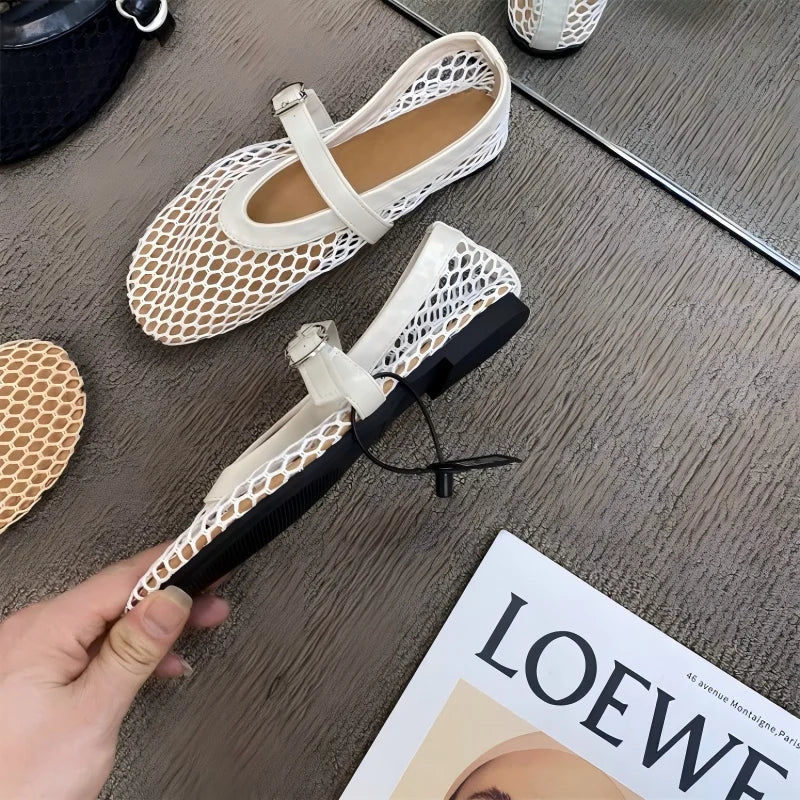 Women's Mary Jane Flats 2026 New Hollow Out Mesh Breathable Fishnet Ankle Strap Casual Summer Sandals LadyShow.Store