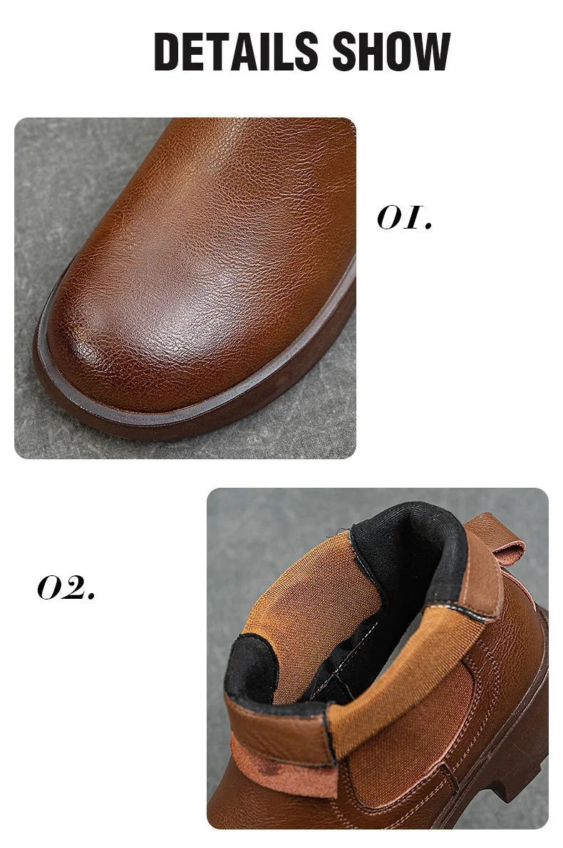 DRKANOL Fashion Women Thick Heel Ankle Boots Autumn Winter Warm Shoes Round Toe Real Cowhide British Style Slip On Chimney Boots Pi-Mart