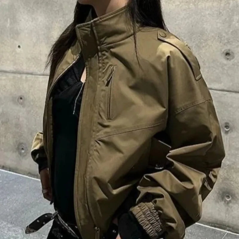 Vintage Cropped Jackets Women Harajuku Casual Slim Fit Zipper Coat Y2K Streetwear Long Sleeve Outerwear Autumn New Arrival Pi-Mart
