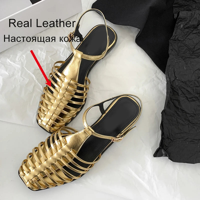 JOZHAMTA Size 34-43 Women Flats Sandals  Fashion Summer Shoes Real Leather Casual Sexy Round Toe Party Daily Dress Sandals Pi-Mart