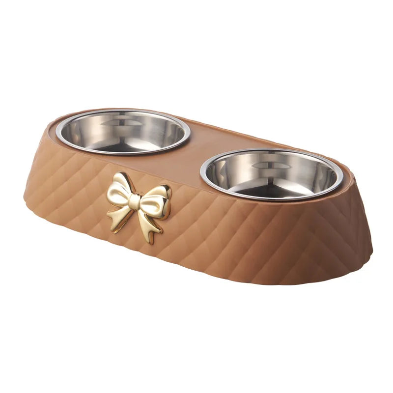 Pet Supplies Bow-tie Bowknot Cats Food Bowl PP Base Dog Bowl Stainless Steel Double Pet Accessories Feeding Drinking Double Bowl Pi-Mart