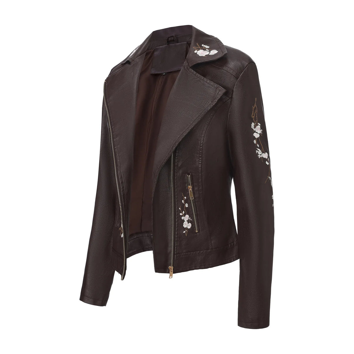 New Fall Women's Black Faux Leather Jacket; White Floral Embroidered PU Coat; Dark Brown Motorcycle-style Top. Pi-Mart