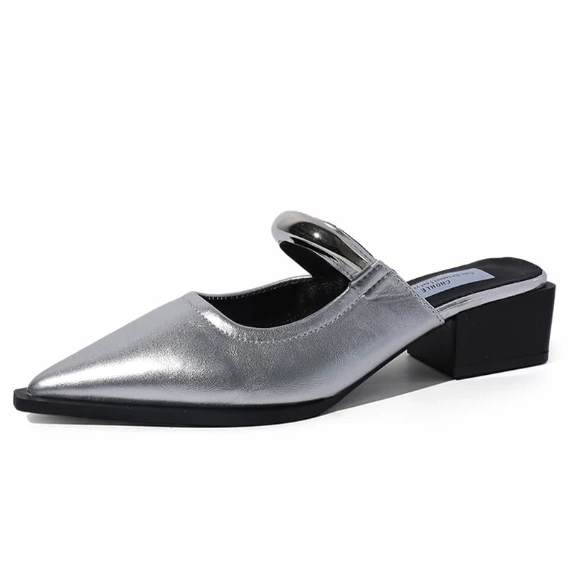 Summer Women Cover Toe Mules Slippers Fashion Metal Decoration Thick Heel Slide Shoes Comfort Street Style Footwear LadyShow.Store