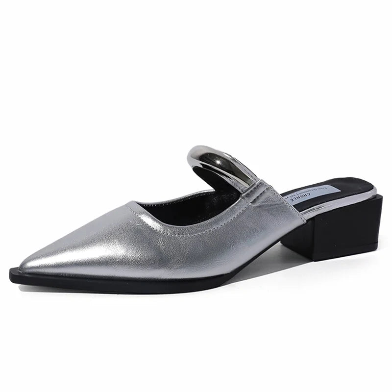 Summer Women Cover Toe Mules Slippers Fashion Metal Decoration Thick Heel Slide Shoes Comfort Street Style Footwear LadyShow.Store