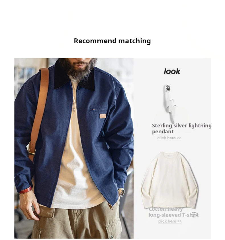 Maden Men's Retro J001 Detroit Jacket Heavyweight Canvas Hunting Coat Lapel Collar Work Jackets with Zipper for Spring Fall Pi-Mart