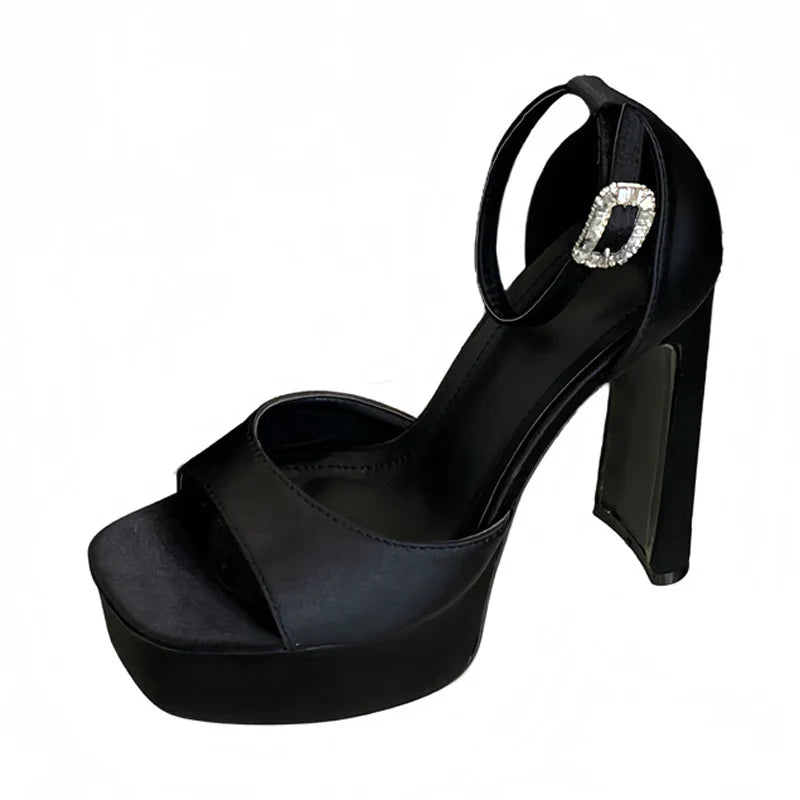 Liyke Runway Style Black High Heels Platform Sandals For Women Cozy Silk Square Toe Buckle Strap Lady Party Dress Shoes Size 40 LadyShow.Store