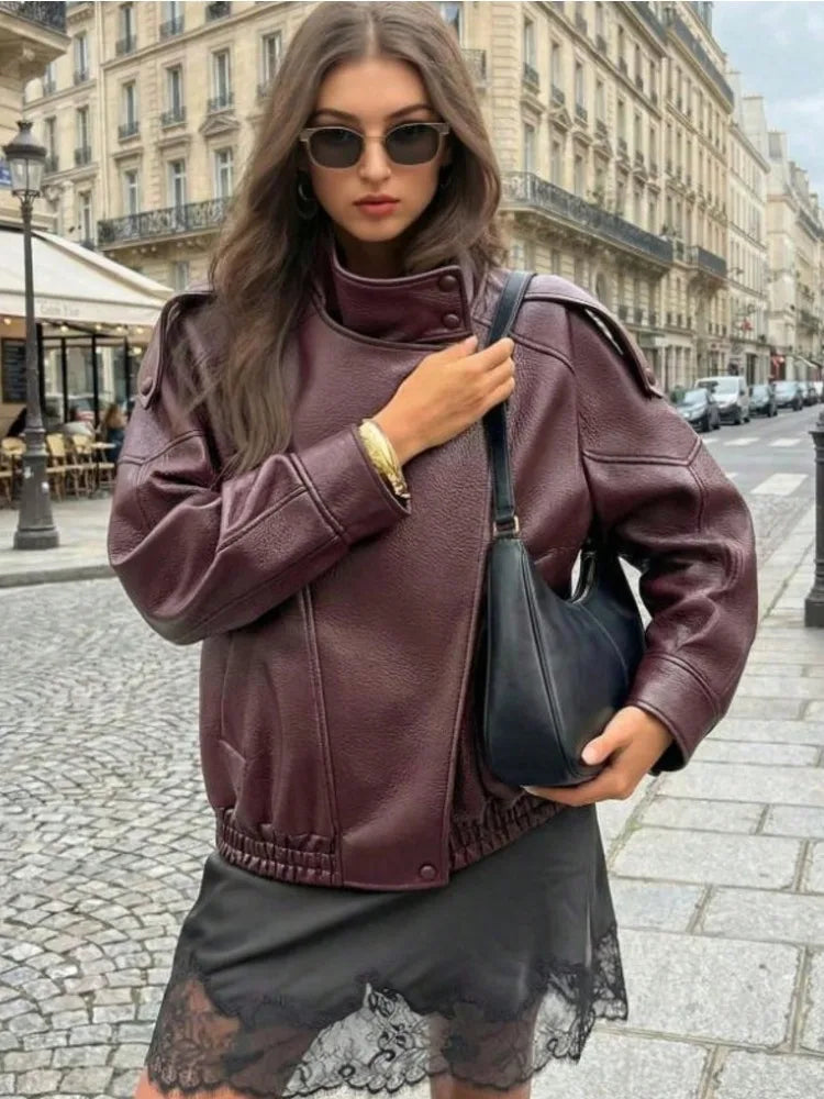 Fake leather Coat Women Y2k Faux Leather Jacket New Casual PU Jacket Motorcycle Style Leather Jacket Pebble Fall Personality LadyShow.Store