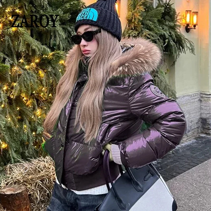 Russian Winter Warm Faux Fur Hooded Quilted Puffer Jacket Women Y2K Retro Padded Short Coat Casual Parka Glossy Outerwear куртка LadyShow.Store