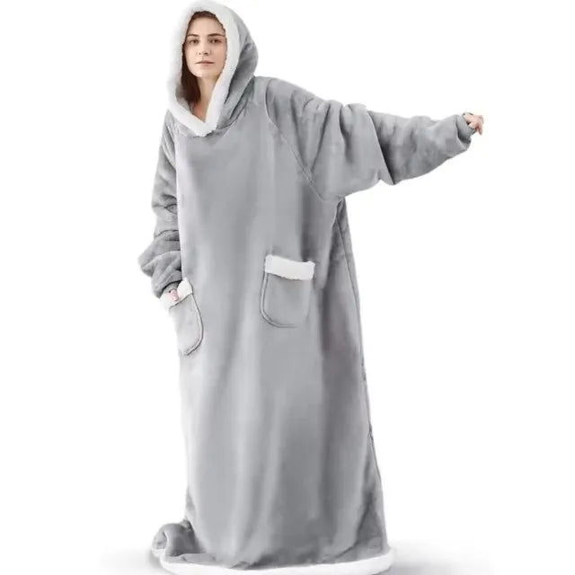 180cm Super Long Flannel Blanket Pyjamas with Sleeves Winter Hoodies Sweatshirt Women Men Pullover Fleece Giant Oversized Outdoo Pi-Mart
