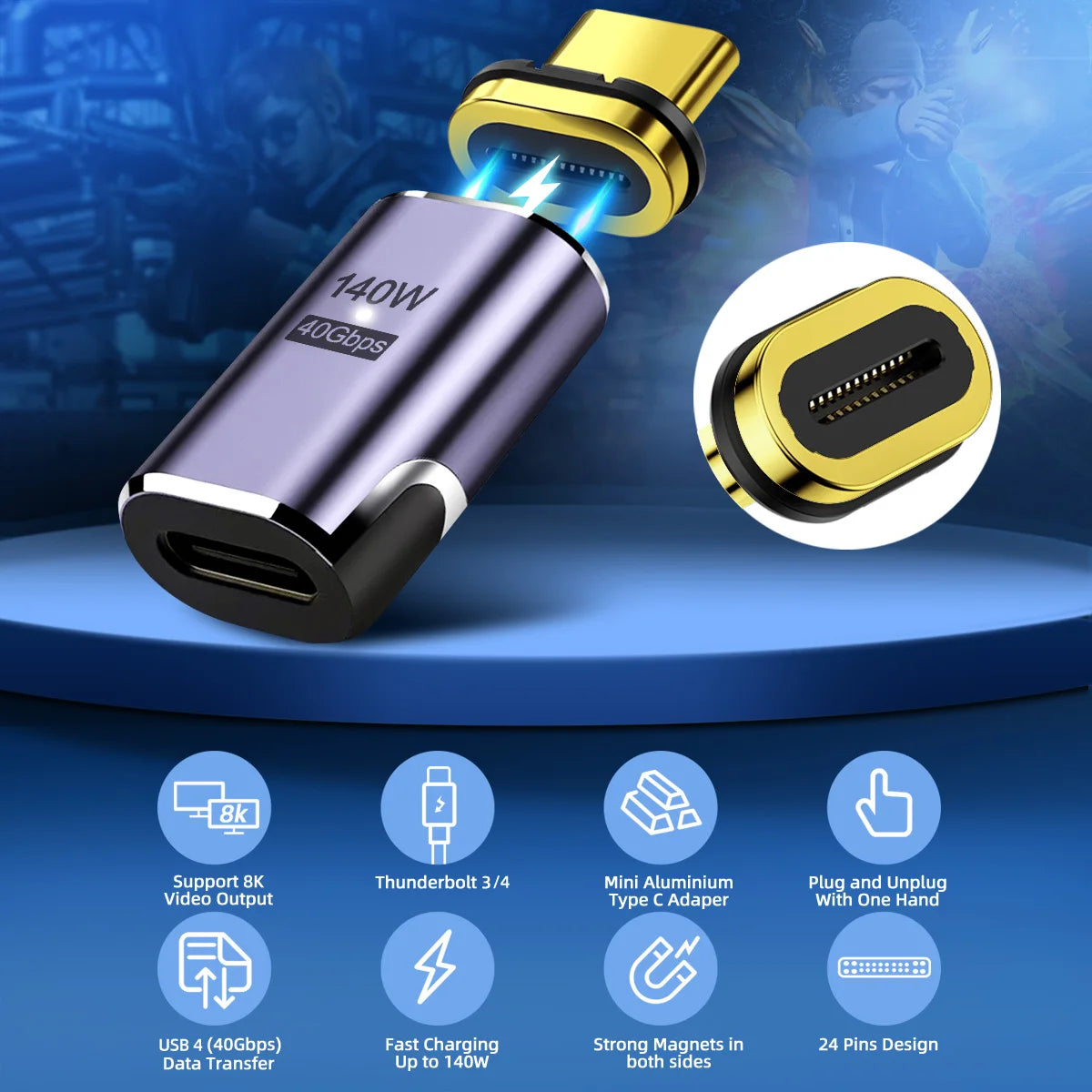 NNBILI 140W USB4.0 40Gbps Thunderbolt3 Magnetic Type-C TO USBC Fast Charge Magnet Converter Cable 8K@60Hz OTG USB Type C Adapter Pi-Mart