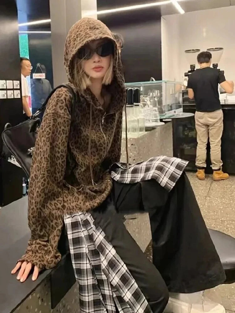 Y2K Leopard Print Hooded Jacket Women Full Zip Drawstring Hood Long Sleeve Loose Fit Streetwear Street Club Ladies Outerwear Pi-Mart