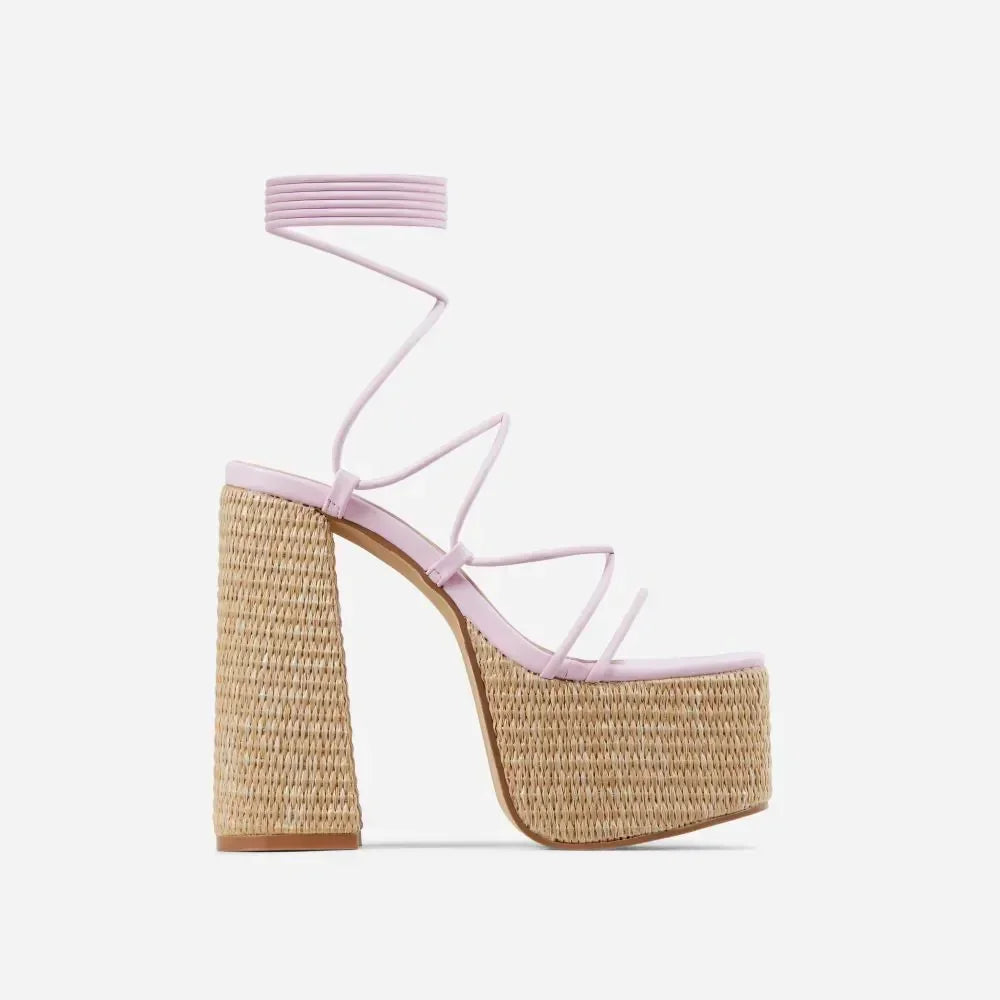 Woven Platform Lace Up Strappy Sandals Block Heel Open Toe Solid Color Sexy Roman Style Women Shoes Summer 2026 New Arrivals Pi-Mart
