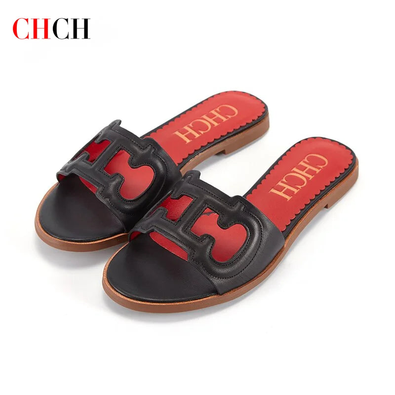 CHCH Women's Slippers 2024 Simple Black Flat Flat Women's Shoes Home Indoor Slippers LadyShow.Store