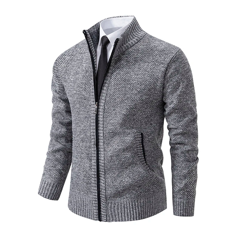 Autumn And Winter New Jersey Men's Casual Sports Coat Solid Color Stand Collar Wweater Grab Fleece Warm Zipper Cardigan Pi-Mart