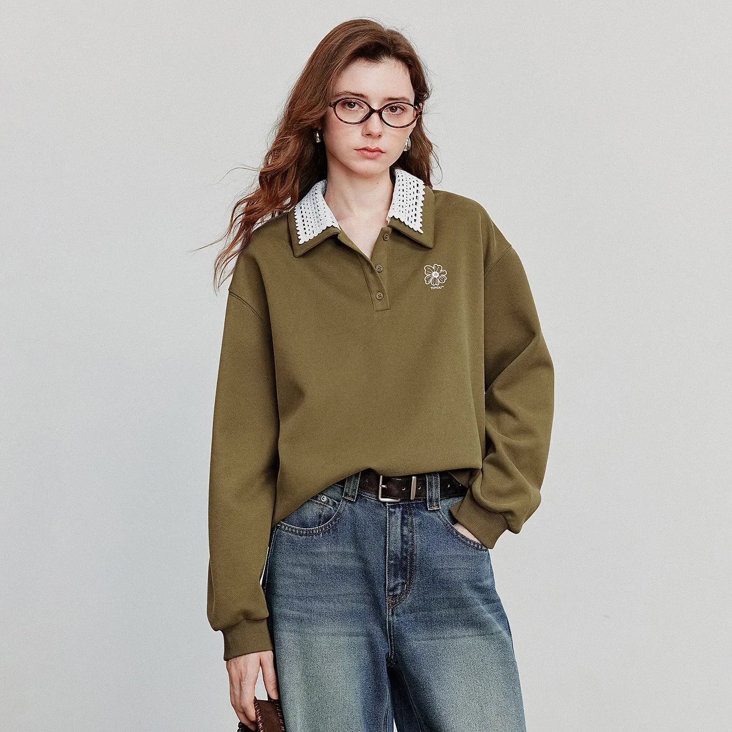 TOYOUTH Women Sweatshirt 2025 Autumn New Green Velvet Embroidery Contrasting Color Splicing Double Layer Collar Pullover Hoodies LadyShow.Store