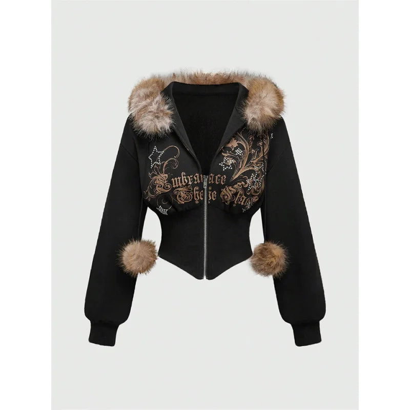Winter Warm Gothic Print Hoodie Women's Clothin Faux Fur Crop Top Zip-Up Sweatshirt Fashion Y2K Streetwear Hooded Jacket 2026New LadyShow.Store