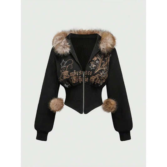 Winter Warm Gothic Print Hoodie Women's Clothin Faux Fur Crop Top Zip-Up Sweatshirt Fashion Y2K Streetwear Hooded Jacket 2026New LadyShow.Store