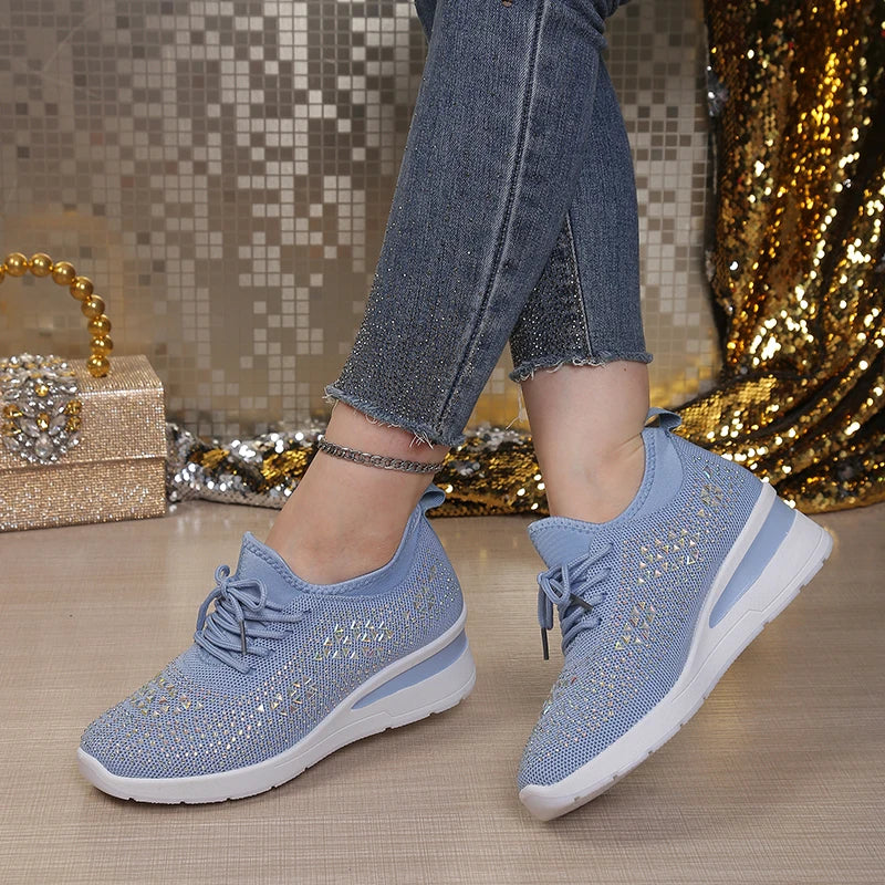 Women's Rhinestone Embellished Knit Mesh Wedge Sneakers, Adjustable Lace-Up Closure, Daily Walking Casual Footwear Pi-Mart
