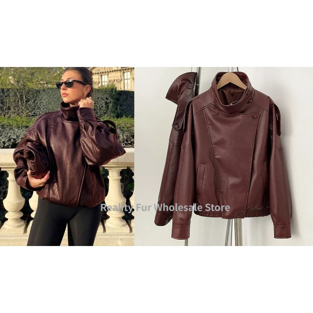 Fake leather Coat Women Y2k Faux Leather Jacket New Casual PU Jacket Motorcycle Style Leather Jacket Pebble Fall Personality LadyShow.Store