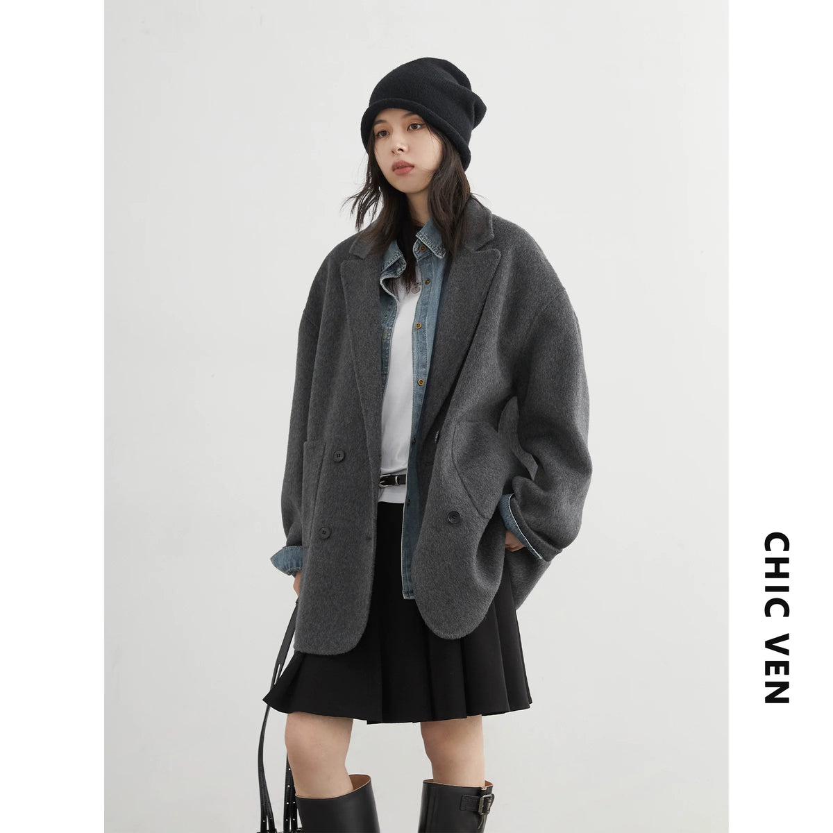 CHIC VEN New Women Woolen Coat Loose Solid Mid-length Double-sided Oversized Office Ladies Jackets Outerwear Autumn Winter 2026 Pi-Mart