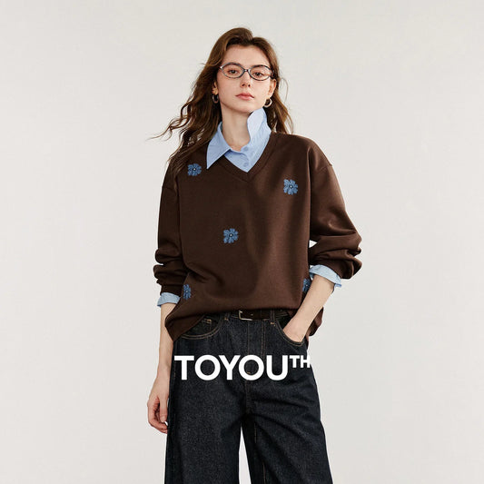 TOYOUTH Women Sweatshirt 2025 Autumn New Denim Flower Embroidery Fake Two Piece Splicing Turn Down Collar Cotton Casual Pullover LadyShow.Store