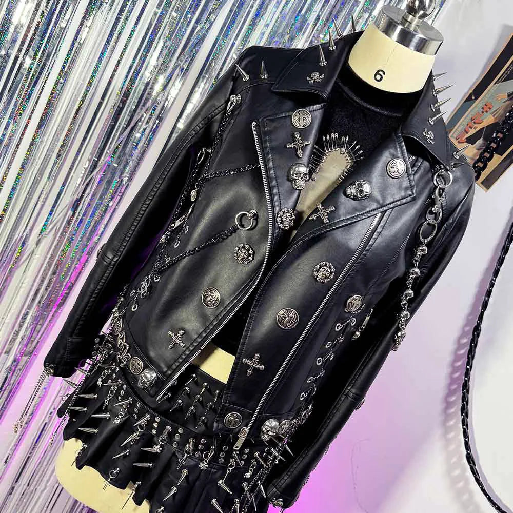 Women's Y2K Goth Black PU Leather Jacket Gothic Boho Emo Clothing with Skull Chain Punk Rock Grunge Rave Festival Coat for Teens Pi-Mart