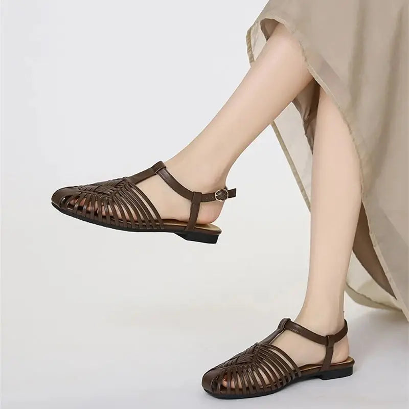 ZAROY Summer Women Gladiator Sandals Flat Ankle Strap Narrow Band Roman Shoes Casual Beach Vacation Hollow Out Big Size Sandalia LadyShow.Store