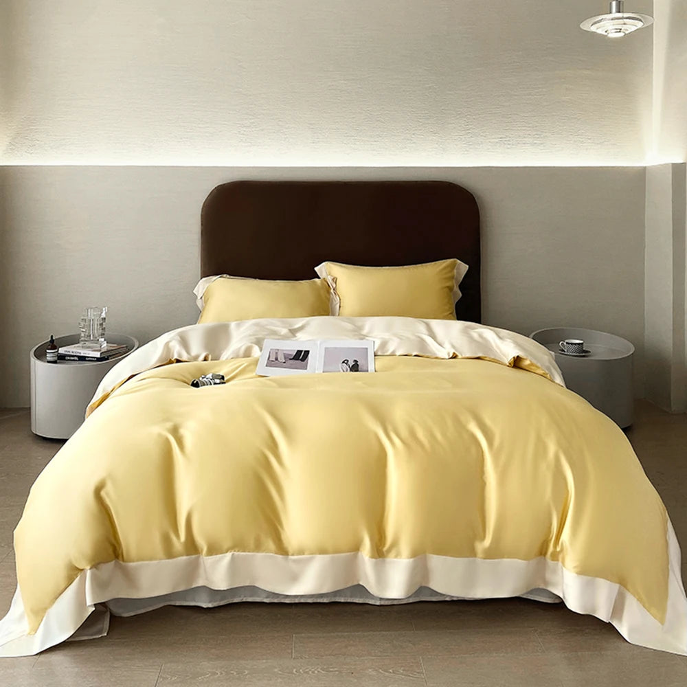Liv-Esthete Top Grade 100% Silk Duvet Cover Set Queen King Yellow White Bedding Set Flat Sheet Beauty Pillowcase Bed Linen Pi-Mart