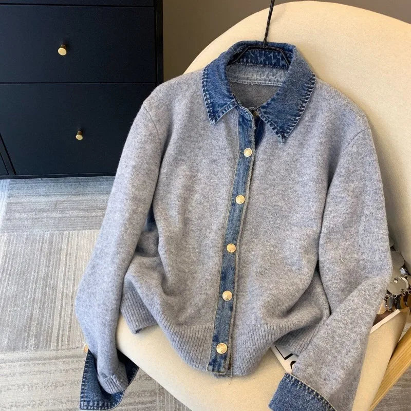 Chic Denim Collar Stitching Fake Two-piece Sweater Women's Cardigan New Single Breasted Knitted Jacket Coat Female Outwear LadyShow.Store