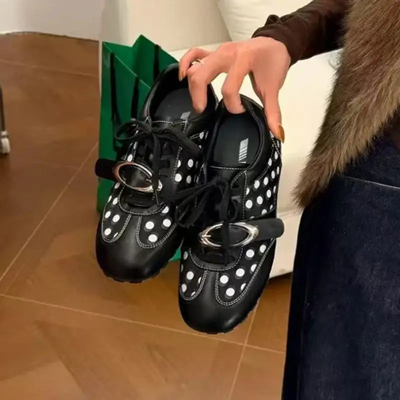 Korean Style Black Polka Dot Sneakers Women Spring 2026 Luxury Metal Decoration Designer Vulcanize Shoes Woman's Sports Shoes Pi-Mart