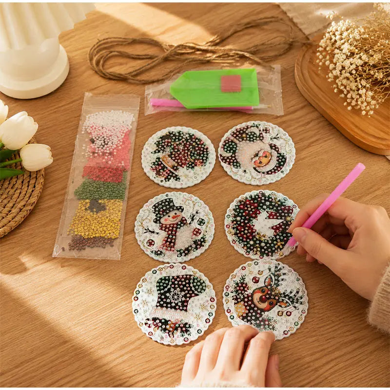Christmas Diamond Painting Kit DIy Christmas Wooden Ornaments Xmas Snowman Reindeer Hanging Decor Relaxing Project Holiday Gifts Pi-Mart