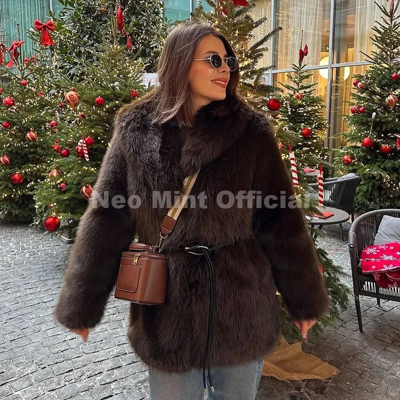 Neo Mint 2025 Winter Hot Brown Belted Faux Fur Coat Women Thick Warm Long Fox Fur Jacket Chic Brand Fashion Girls Furry Overcoat LadyShow.Store