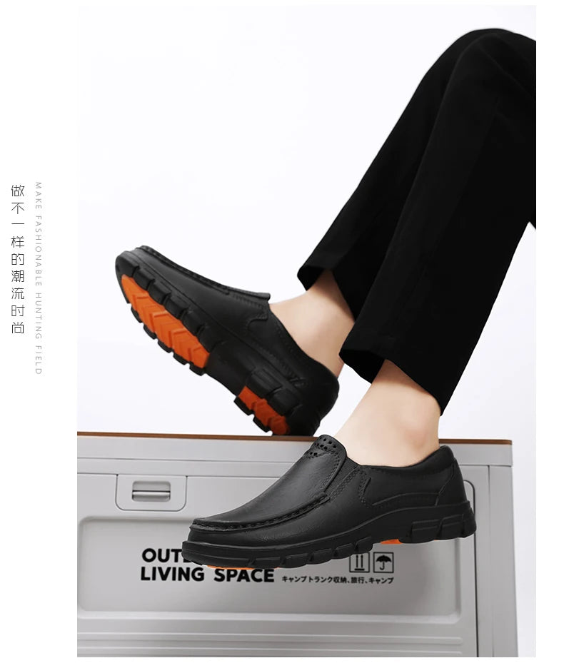 Chef shoes four season new anti slip oil resistant plus size business casual men's work leather shoes fashion comfort soft soled Pi-Mart