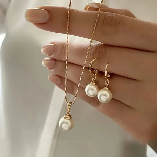 Fashion Elegant Imitation Pearl Pendant Jewelry Set for Women Vintage Gold Color Chain Necklace Earring Girl Wedding Party Gifts Pi-Mart