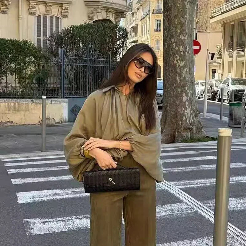 Women's Bomber Jacket Long Sleeve Pleats Street Wear With Zipper Green Beige Vintage Oversize Zip Up Casual Summer Jacket female LadyShow.Store