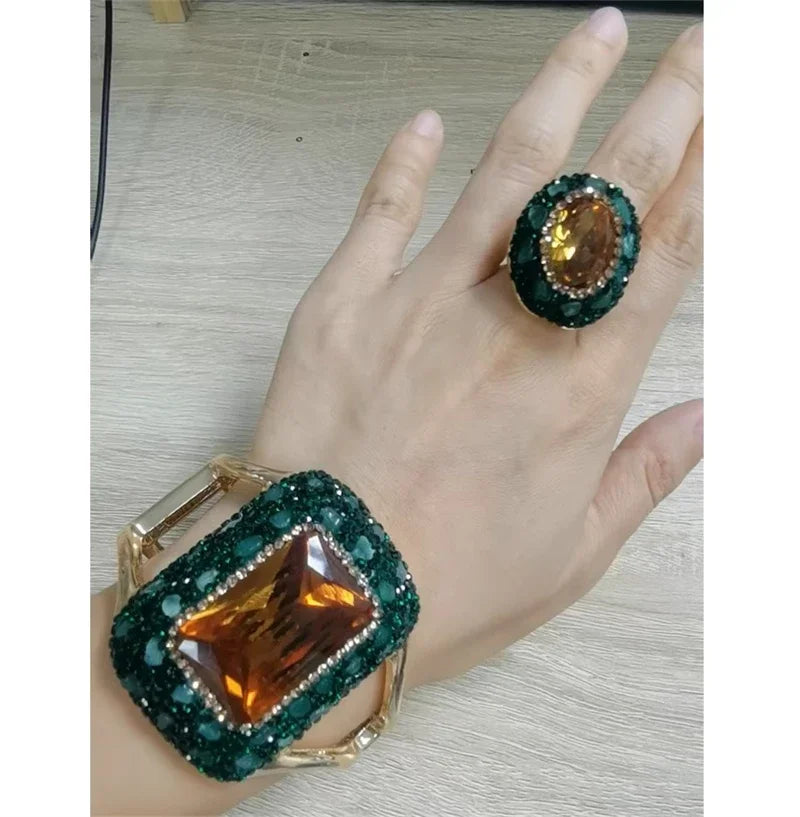 Round Colored Change Sultanite Crystal Bangle Rings Sets for Women Necklace Earring Rings Golden Green Zultanite Quartz Jewelry Pi-Mart