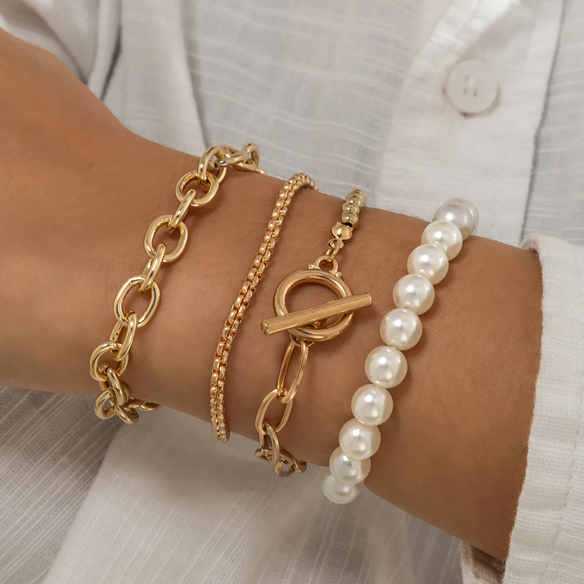 Boho Imitation Pearl Beaded Bracelet Women's Retro Fashion Creative Gold Color Beads O-Chain Bracelets Girls Birthday Jewelry Pi-Mart