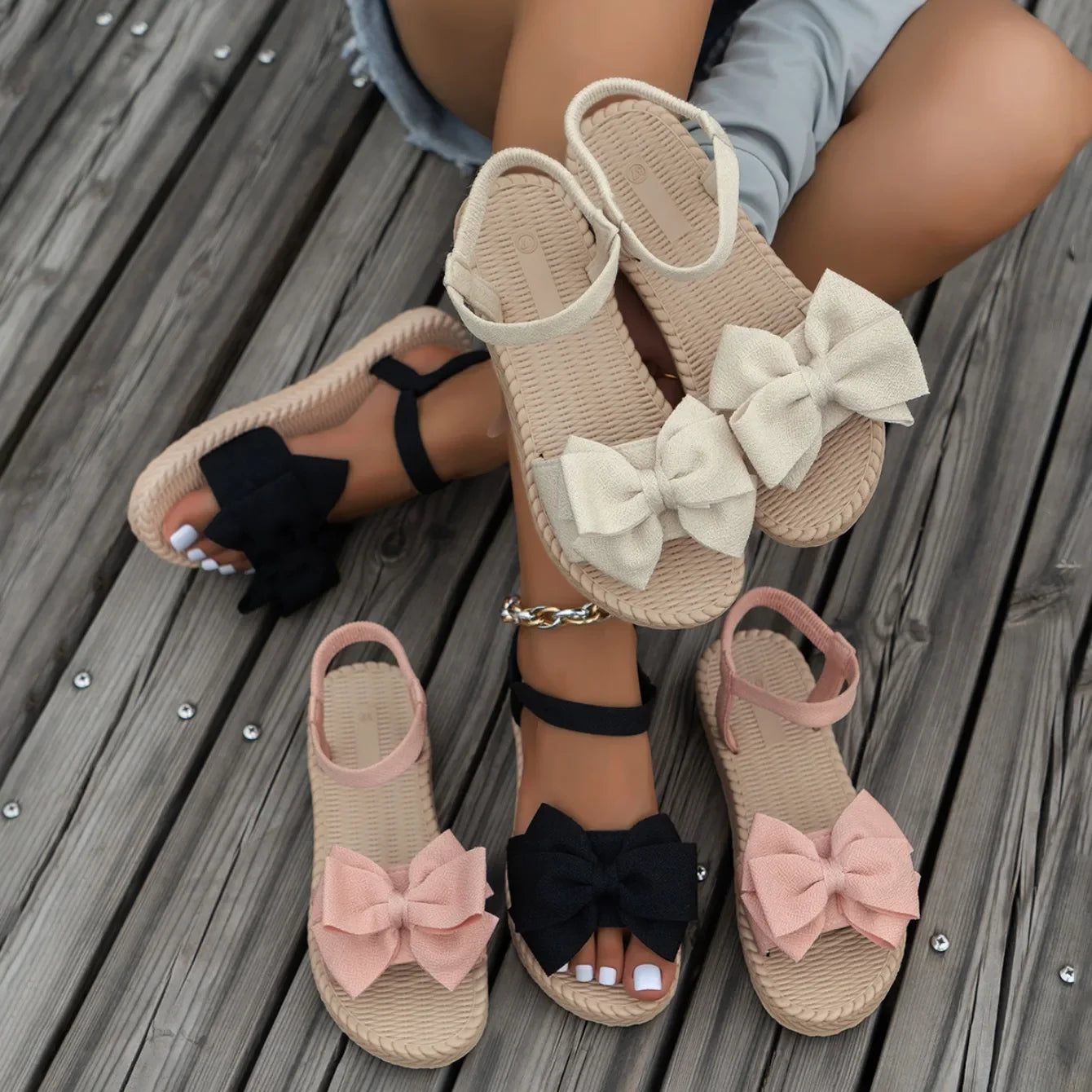 Women Sandals 2024 New Summer Lightweight Sandals Fashion Beach Casual Slippers Outdoor Bow Tie Flat Shoes Home Slides Women Pi-Mart
