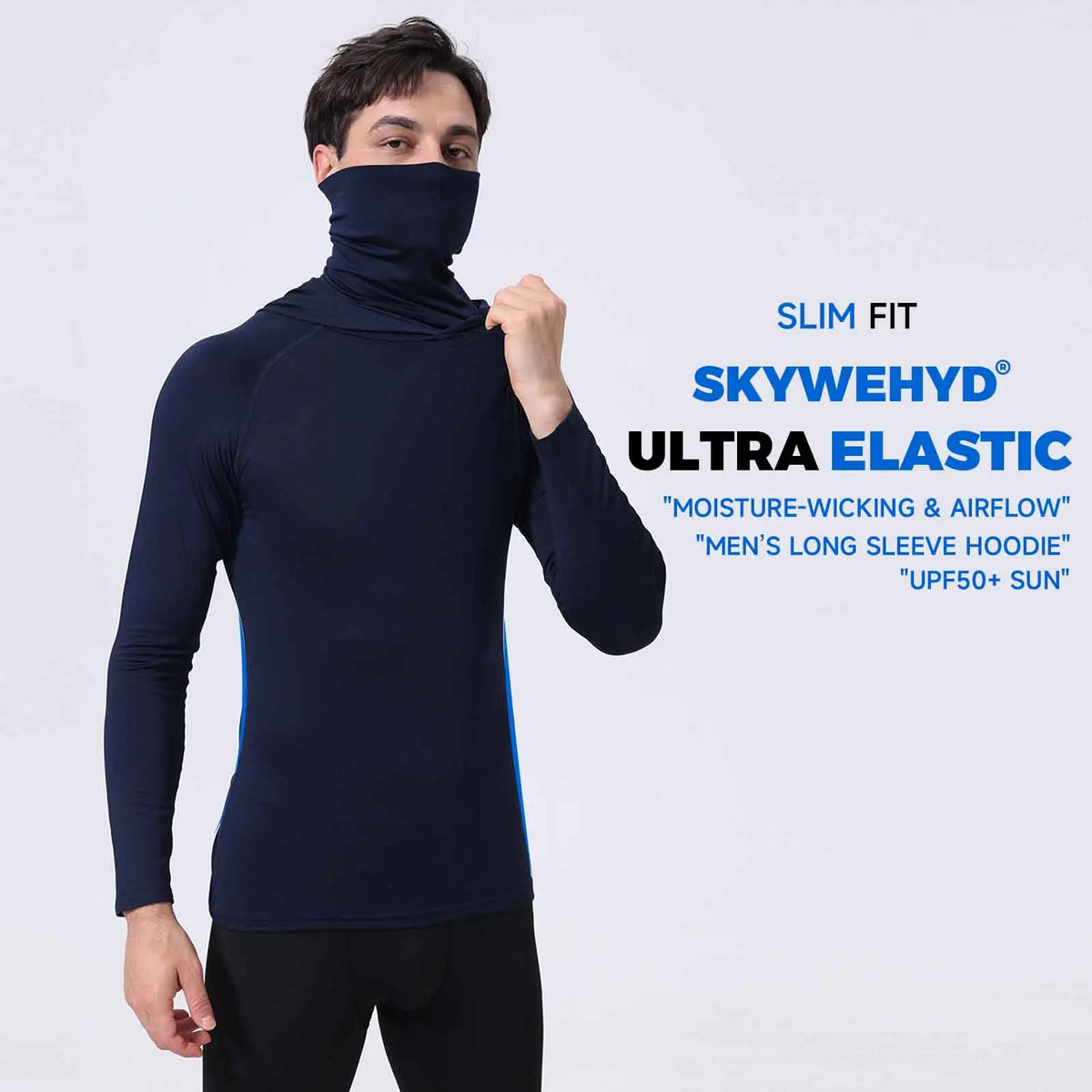 Men's Athletic Hoodie Long Sleeve Fishing Shirts, Upf 50+ Uv Sun Protection, Fitted High Stretch, Built-In Face Mask Pi-Mart