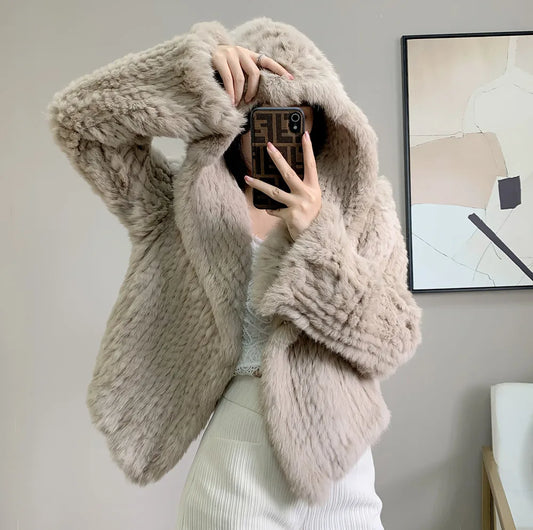 Real Rabbit Fur Hooded Coat Long Sleeve Women Casual Loose Knitted Genuine Fur Jacket With Hood Female Natural Fur Outwear LadyShow.Store