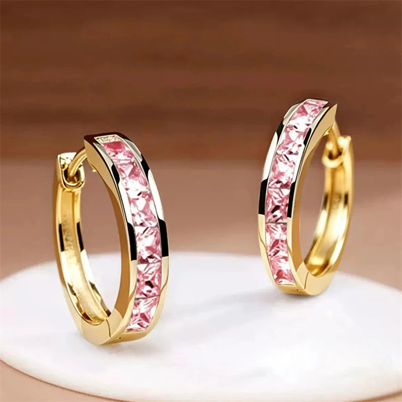 Huitan Hoop Earrings with Princess Cubic Zirconia Exquisite Ear Circle Earrings for Women Silver Color Fashion Versatile Jewelry Pi-Mart