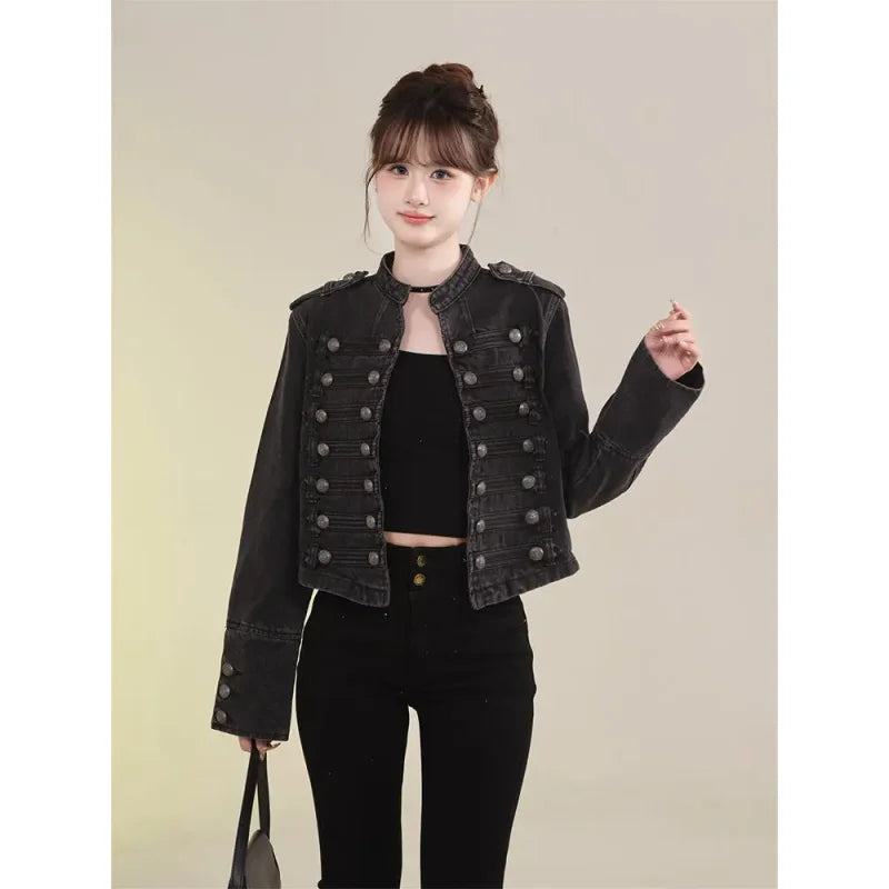 Women's American Retro Denim Military Inspired Cropped Jacket Long Sleeve Stand Collar Casual Motorcycle Coat LadyShow.Store