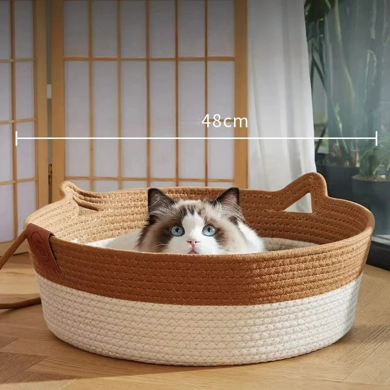 Pet Cat Bed Round Hand Woven Rattan Wear-resistant Cat Bed Summer Cooling Pet Bed Indoor Sleeping House Pet Products Accessories Pi-Mart