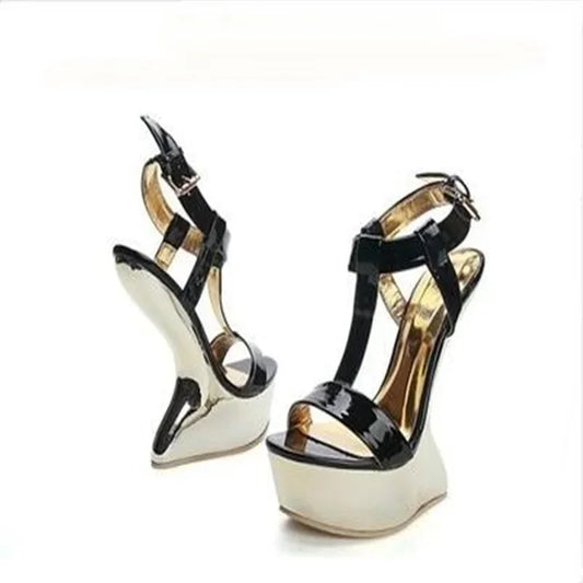 Strange Style Heel Women Novelty Shoes Metallic Leather Fashion High Heels Slingback T-Tied Mixed Color Summer Sandals LadyShow.Store